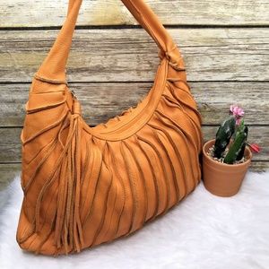 Inge Orange Pebbled Leather Pleated Purse Bag Hobo